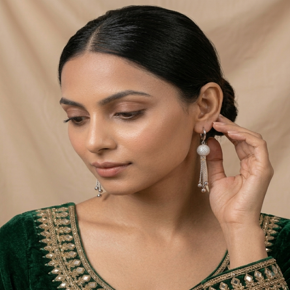 Silver crystal sphere tassel earrings for women with huggie hoop clasp