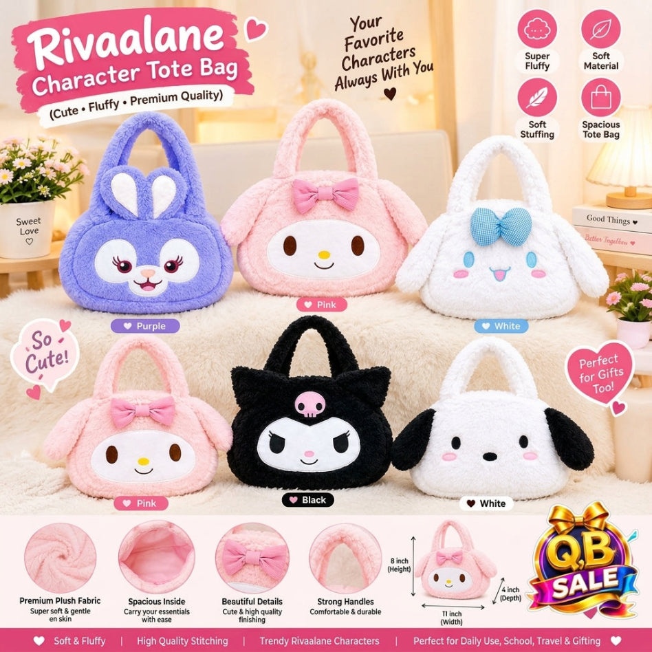 Soft faux-fur cartoon character tote handbag with plush handles by Rivaalane