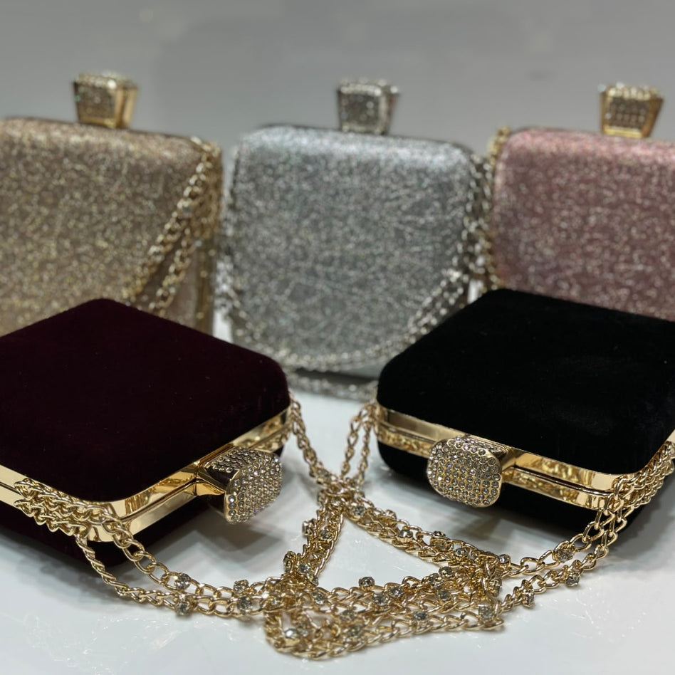 Sparkly party clutch bag with a structured silhouette