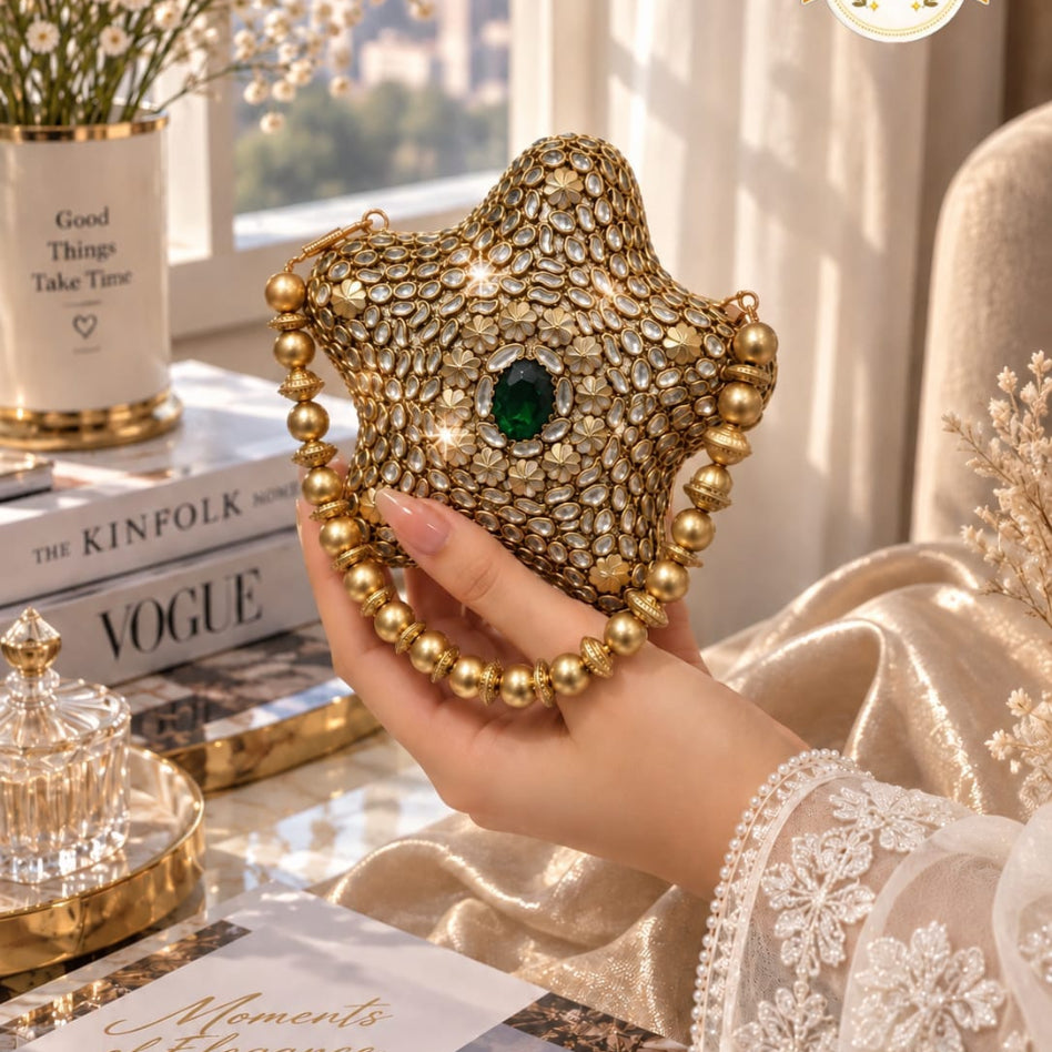 Star-shaped gold Kundan designer evening clutch by Rivaalane