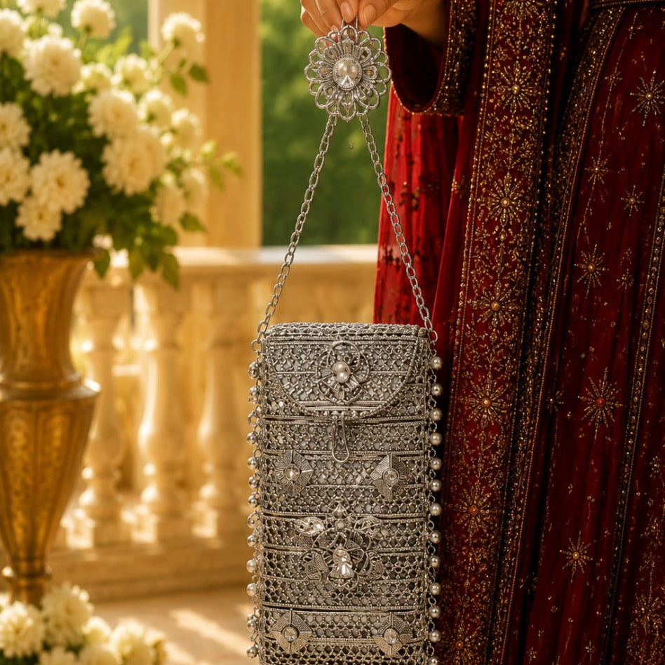 Stone-embellished gold clutch for women