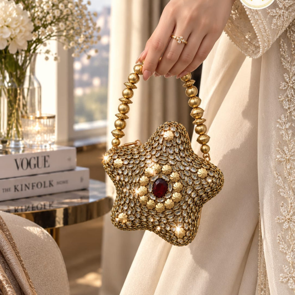 Stone-embellished gold party clutch for weddings