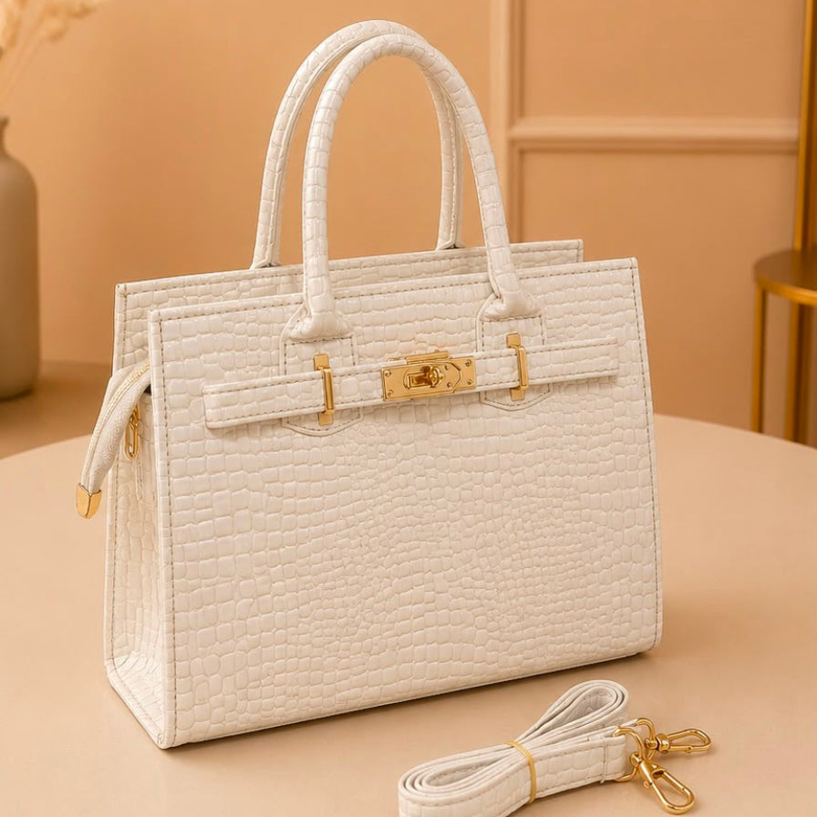 Structured croco textured leatherette handbag with shoulder strap