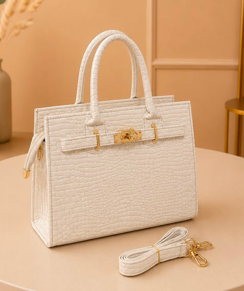 Structured croco textured leatherette handbag with shoulder strap