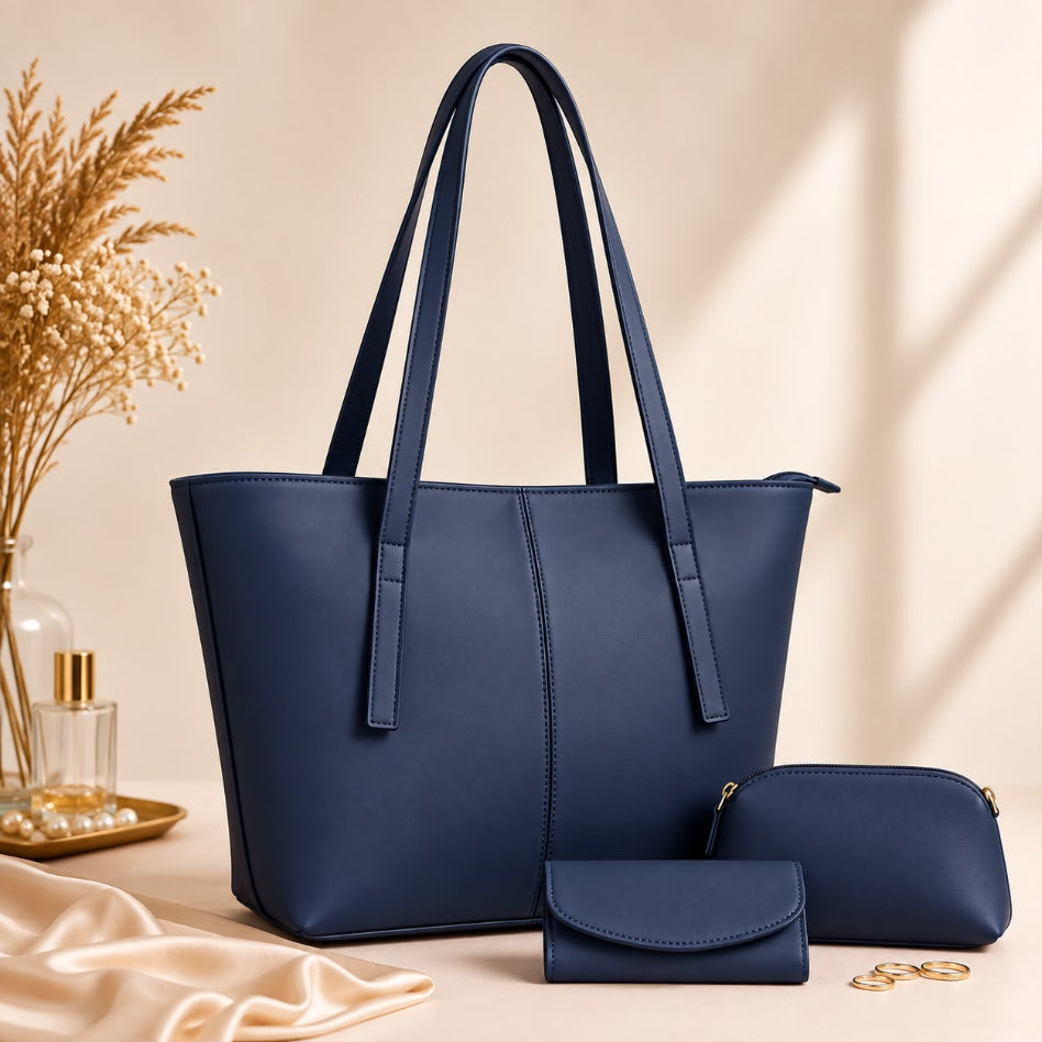 Structured everyday tote bag with matching wallet and pouch