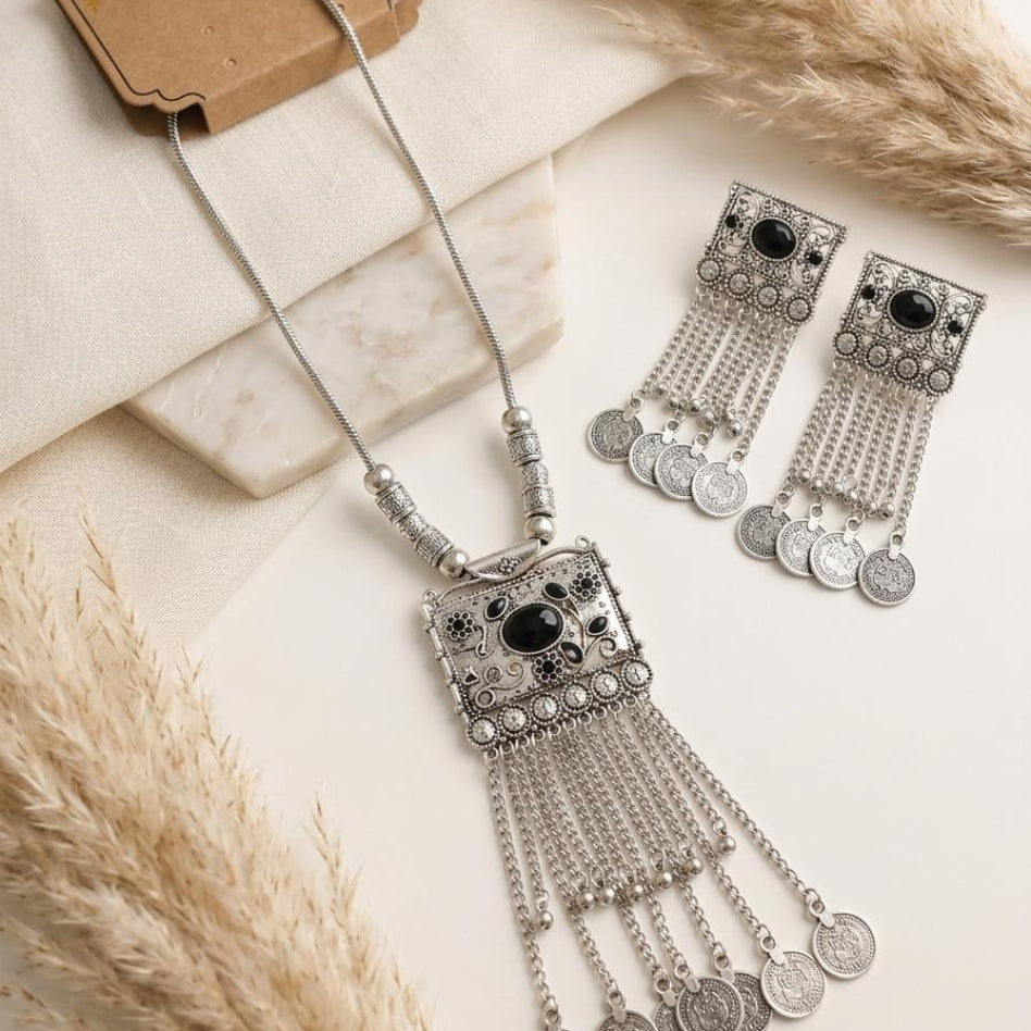 Traditional Kashmiri-inspired long coin necklace with matching earrings

