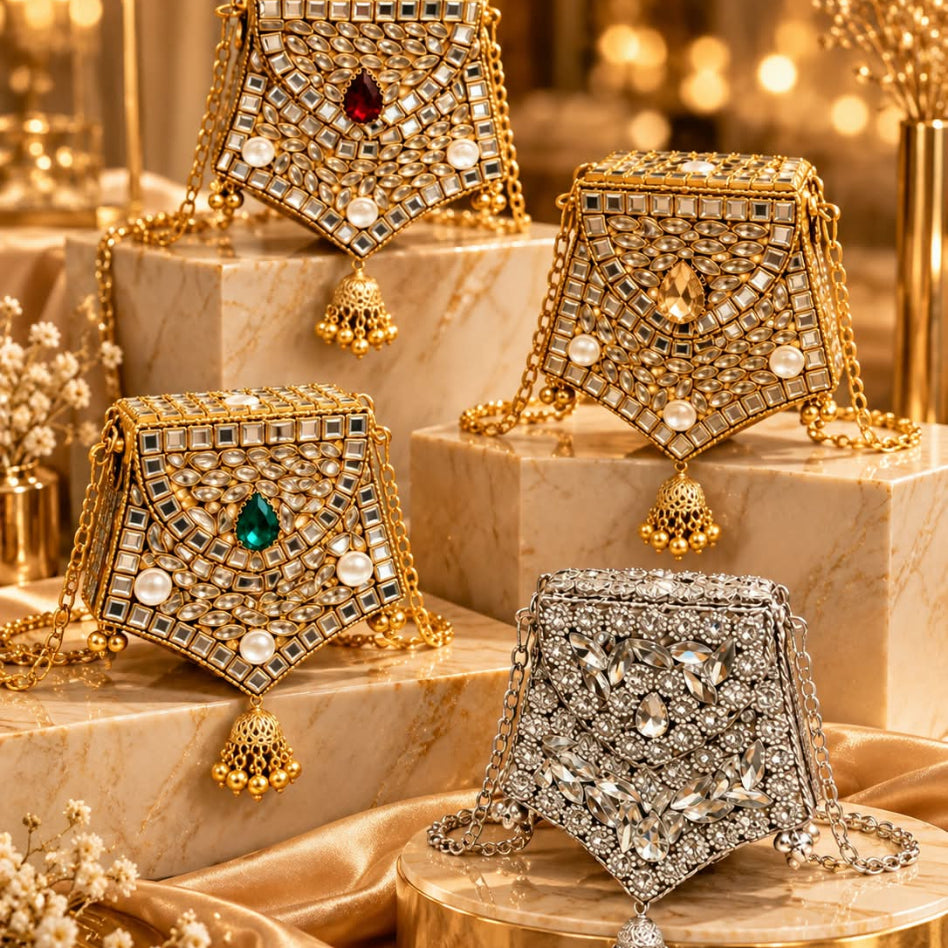 Traditional Kundan work party-wear potli bag with hanging jhumka tassel by Rivaalane