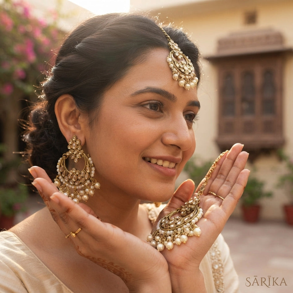 Traditional chandbali earrings with matching maang tikka for women