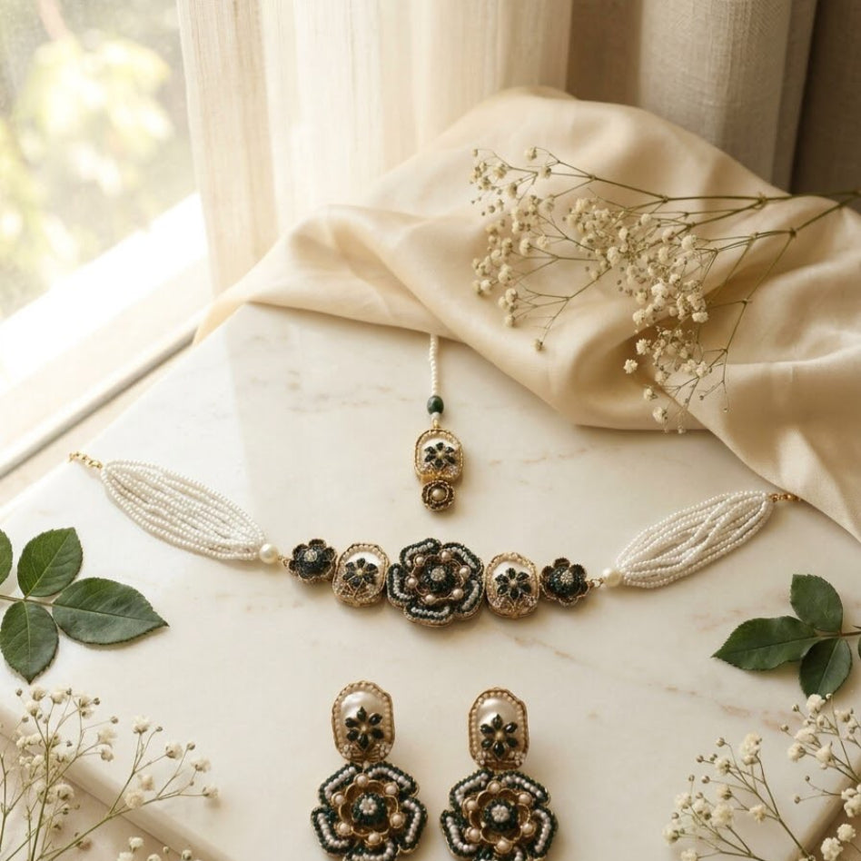 Traditional pearl choker necklace with matching maang tikka