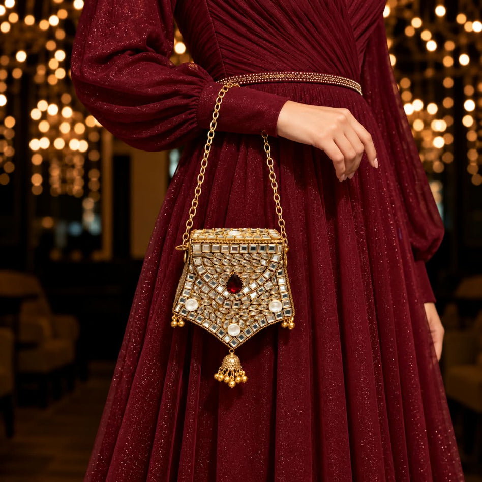 Traditional potli bag featuring a decorative jhumka-inspired tassel
