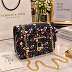 chic Floral Printed Quilted Shoulder Bag with Gold Chain | Rivaalane