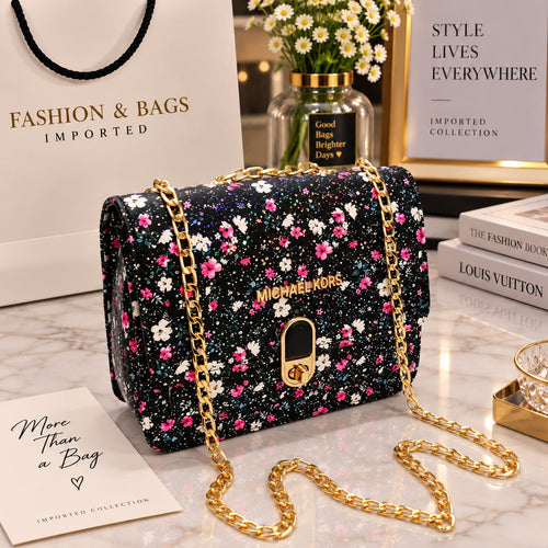 chic Floral Printed Quilted Shoulder Bag with Gold Chain | Rivaalane