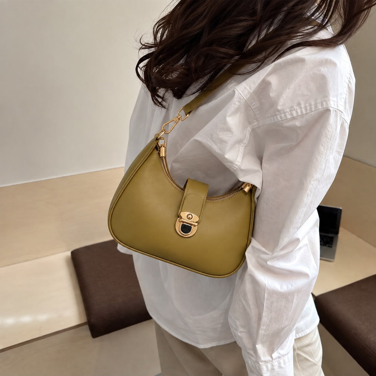 Curved Hobo Shoulder Bag with Front Lock & Gold Hardware | Rivaalane