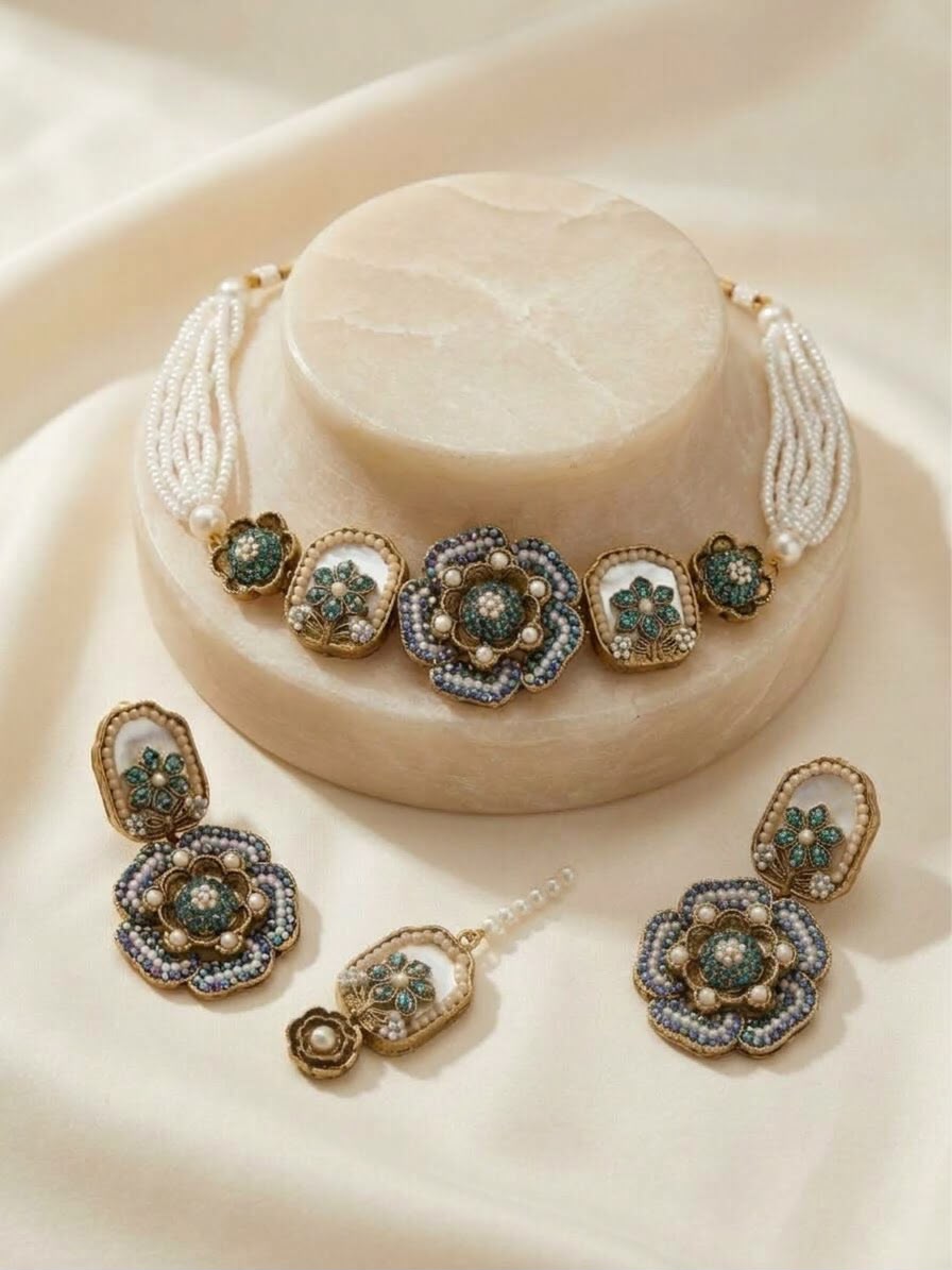 Rivaalane Manjus Hand-Embroidered Pearl Choker Set with Maang Tikka