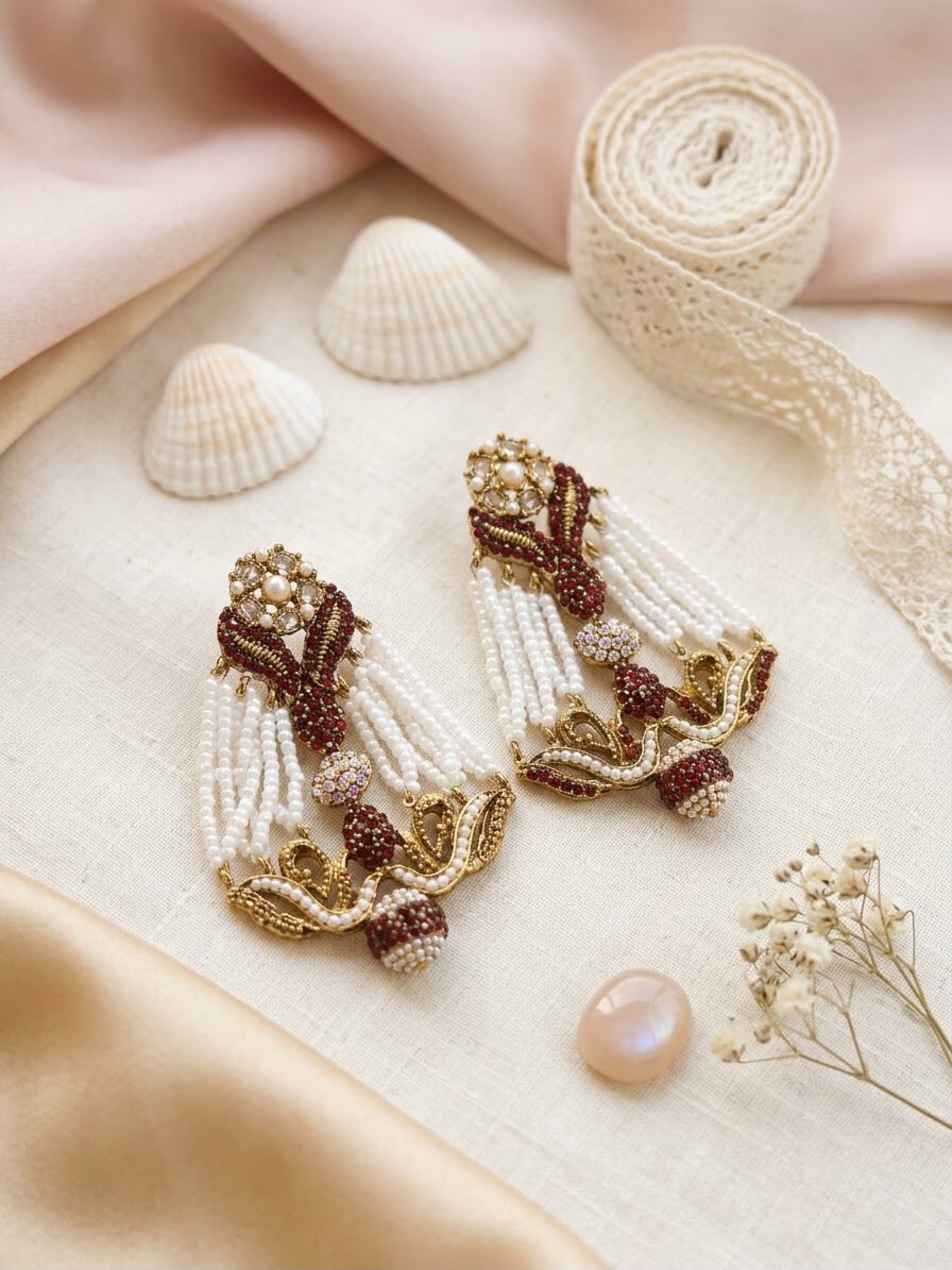 Traditional Antique Gold & Pearl Statement Earrings for Women | Rivaalane