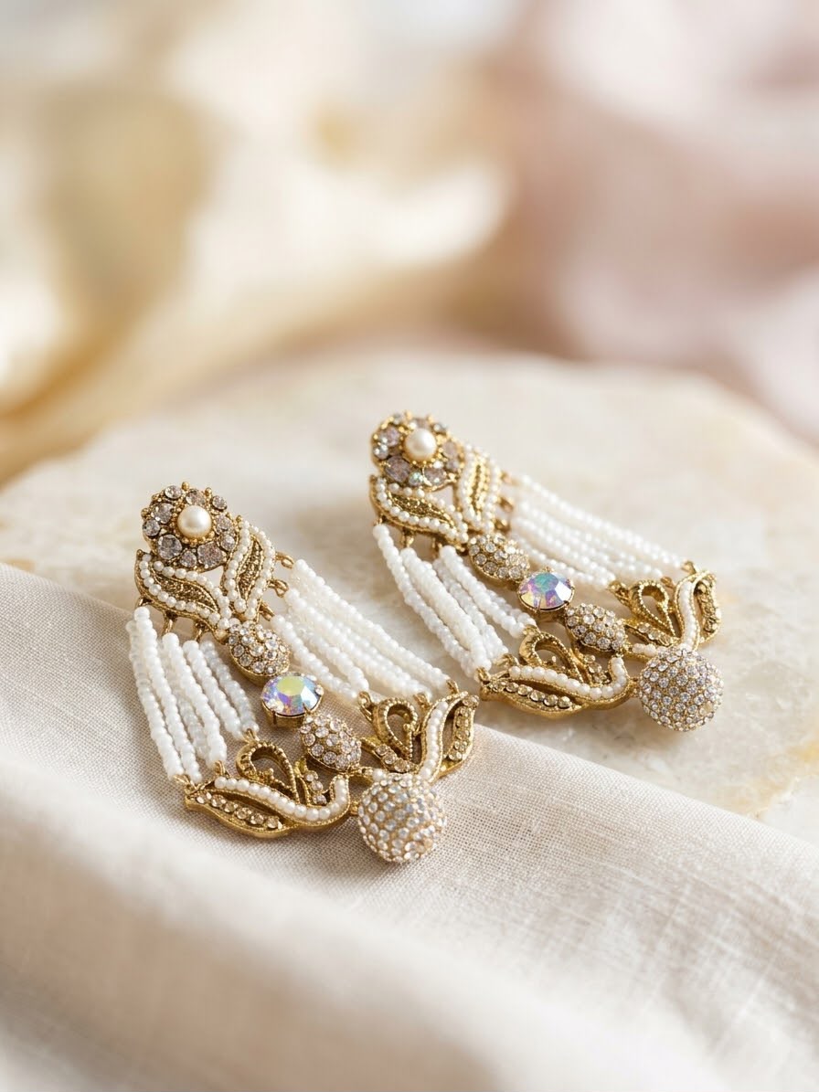 Traditional Antique Gold & Pearl Statement Earrings for Women | Rivaalane