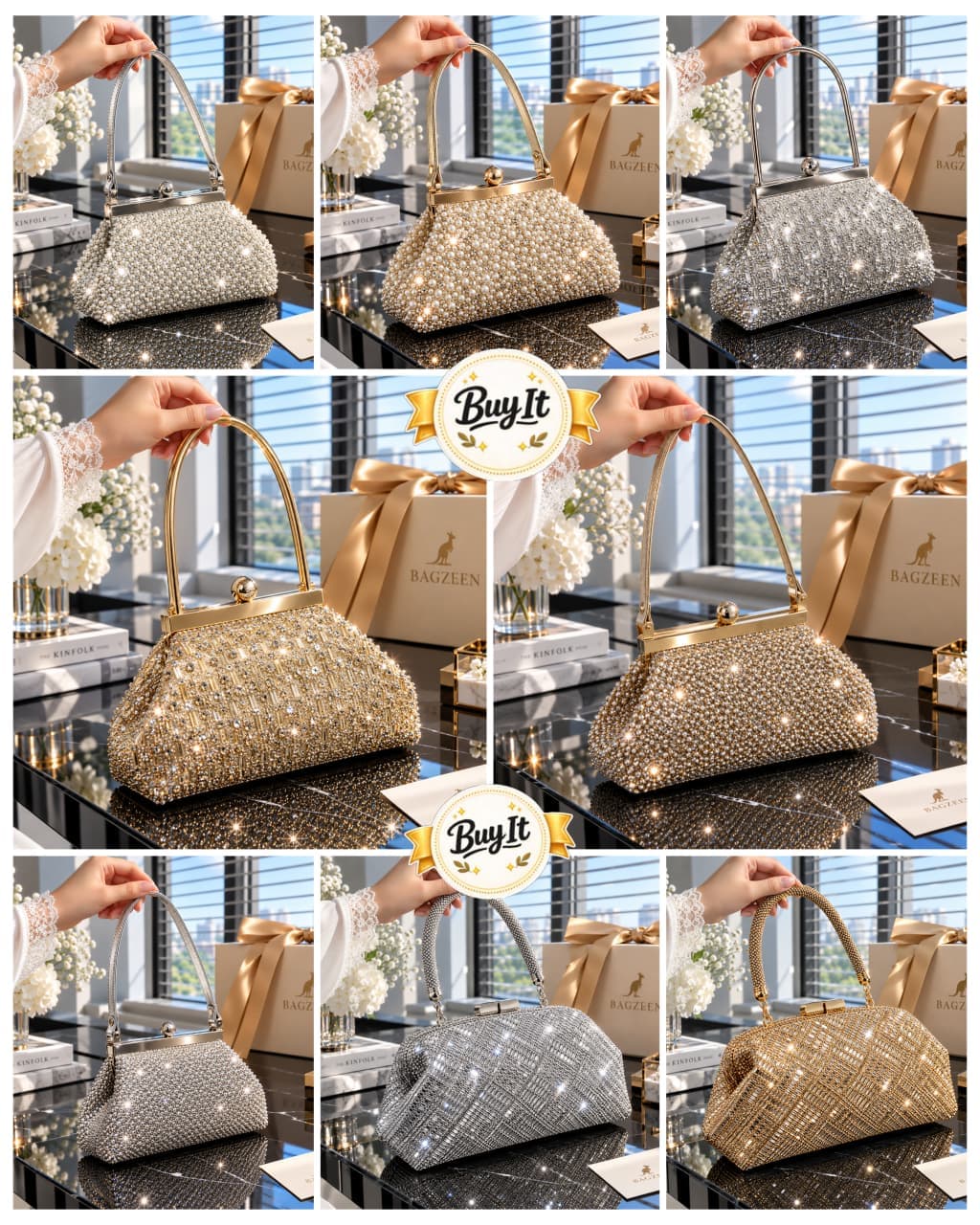Handcrafted Crystal Beaded Party Clutch with Top Handle & Frame Clasp | Rivaalane