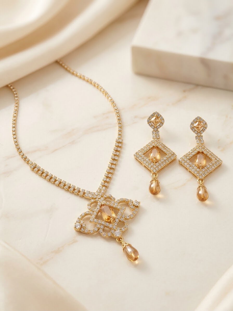 Elegant Crystal-Embellished Pendant Necklace and Matching Earrings Set | Rivaalane