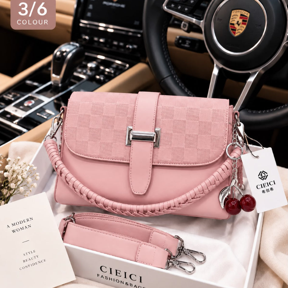 Women's checkered flap handbag with braided strap