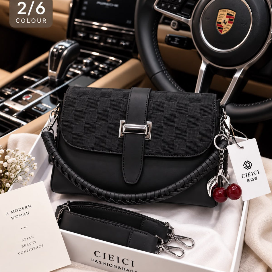 Women's checkered pattern flap crossbody bag with cherry keychain