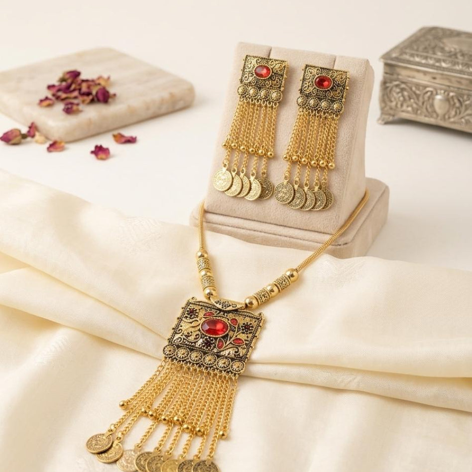 Women's ethnic coin necklace with matching earrings