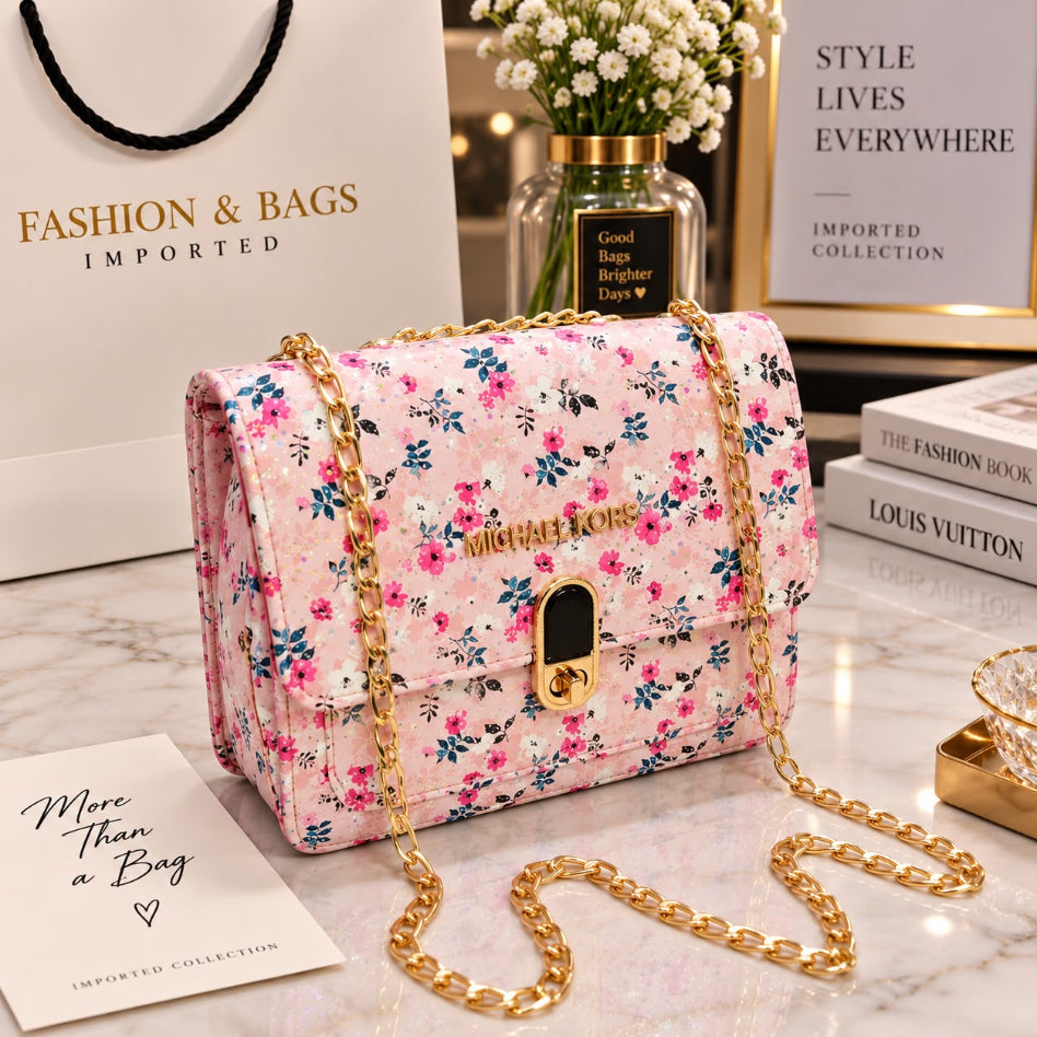 Women's floral printed handbag with gold chain strap
