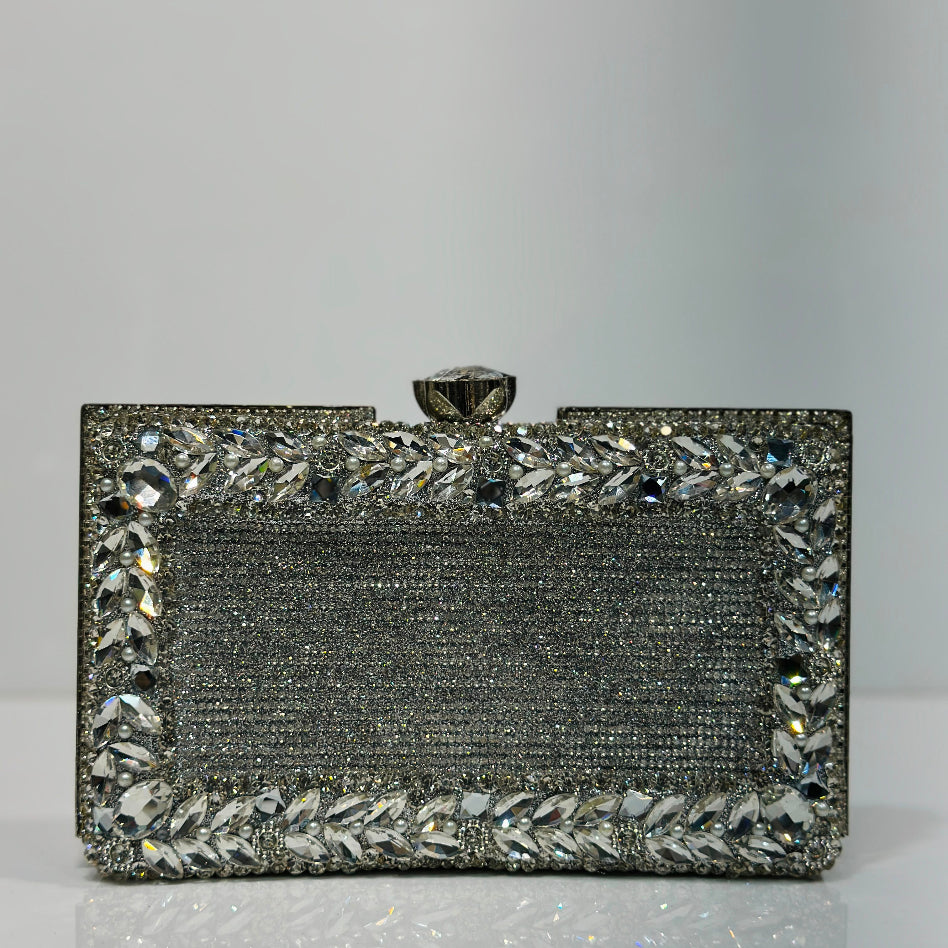 Women's hard case bridal clutch with floral crystal border
