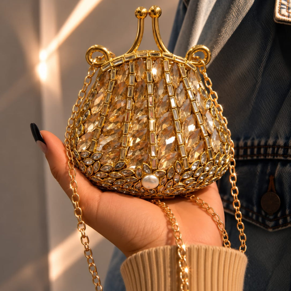 Women's partywear mini clutch with marquise-cut embellishments