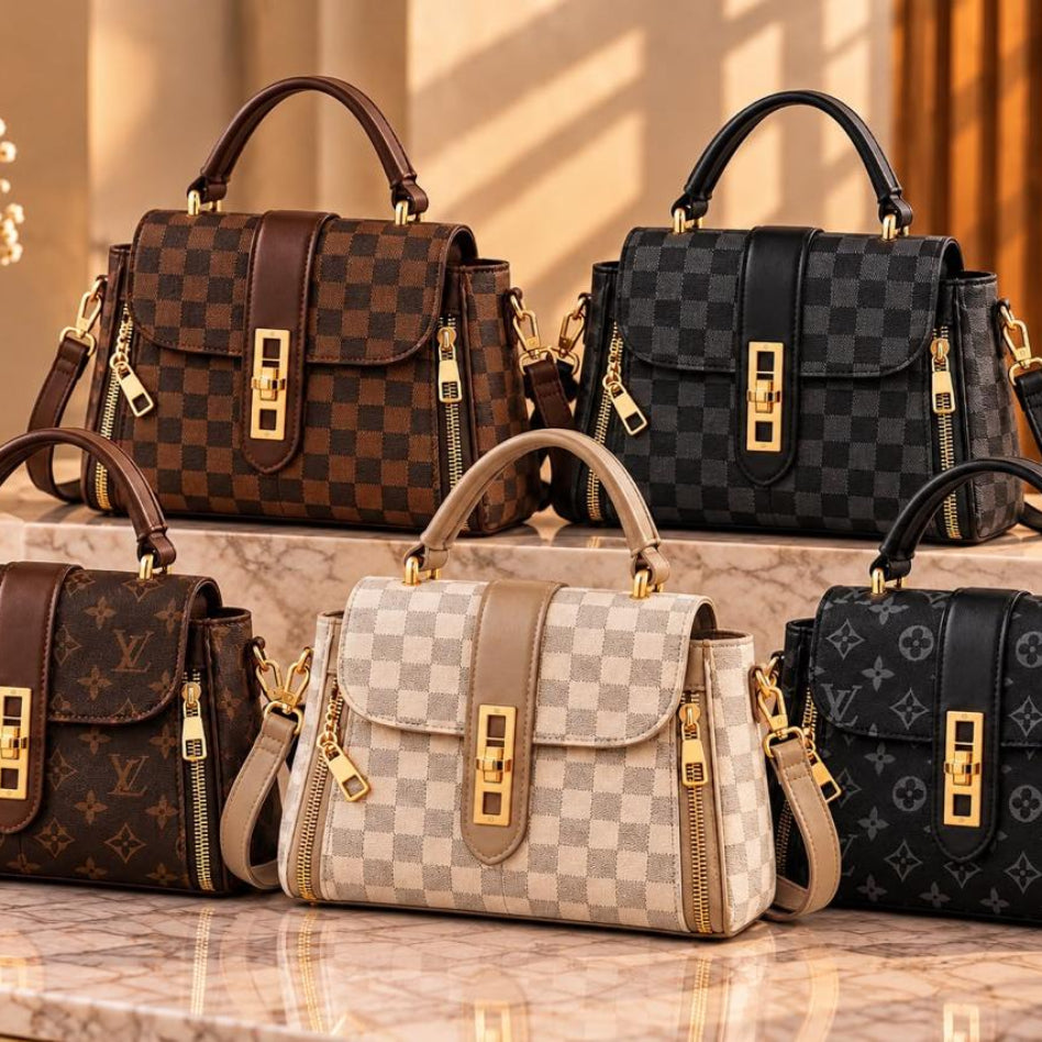 Women's structured handbag with stylish checkerboard pattern