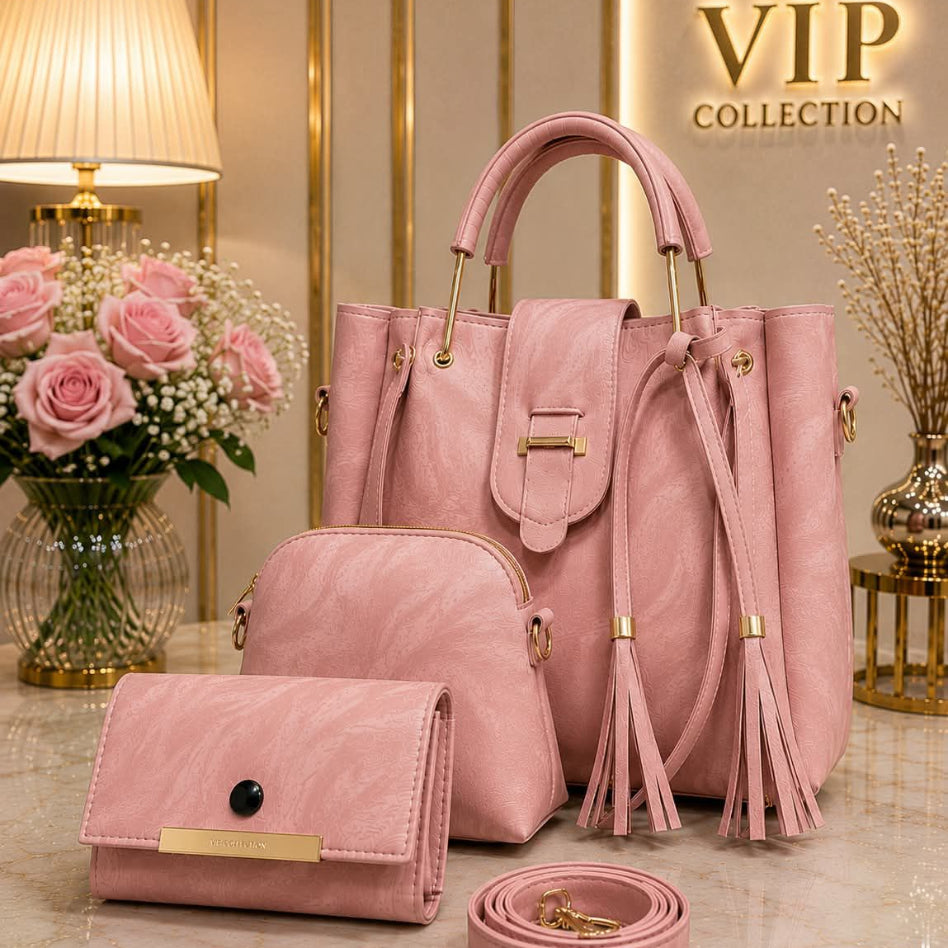 Women's three-piece handbag and clutch collection with marbled design