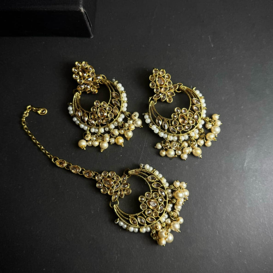 Zirconia stone chandbali earrings and maang tikka jewellery set
