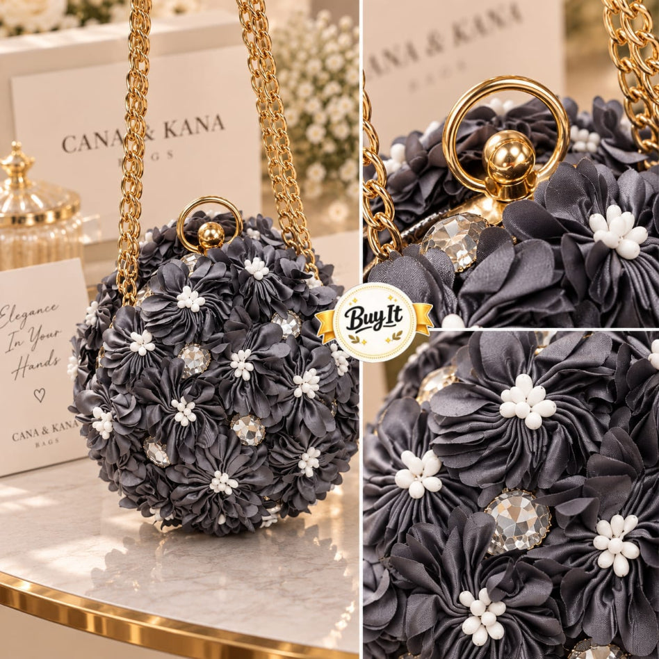 gray fabric flower purse with gold chain straps
