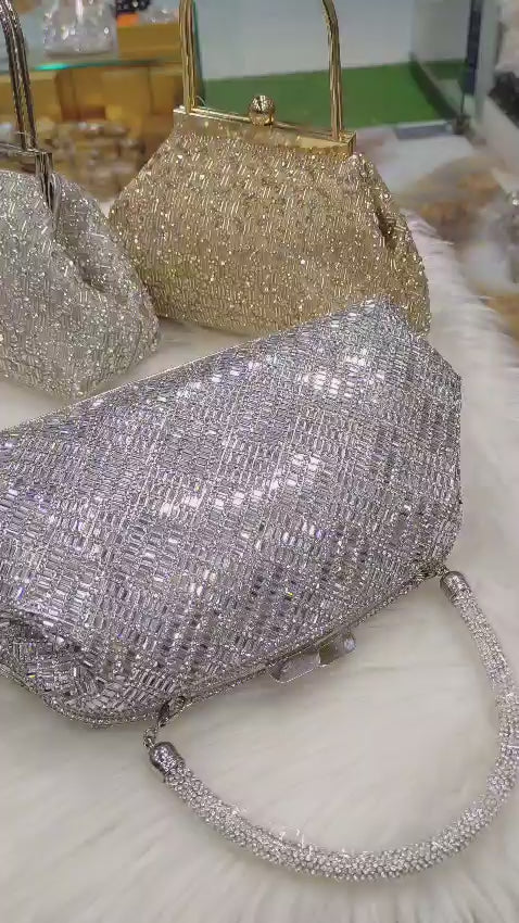 Close-up of crystal bead detailing on a party clutch