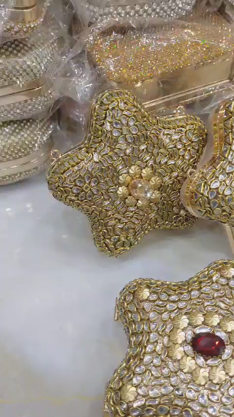 Royal Star-Shaped Kundan Gold Clutch for Women | Rivaalane
